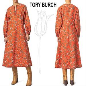 Tory Burch Rust Lyonnaise Floral Printed Tunic Midi Dress